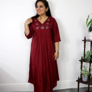 Maroon embroidered A-line rayon kurti with floral neckline detailing – Indian ethnic women’s wear inspired by Kerala style