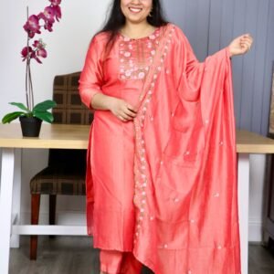 Peach embroidered silk blend salwar suit with floral detailing, matching trousers, and dupatta – traditional Indian ethnic wear for women