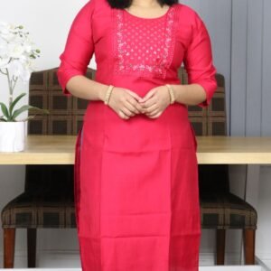 Pink straight-cut embroidered kurti with floral yoke – Indian ethnic wear for women, Kerala style