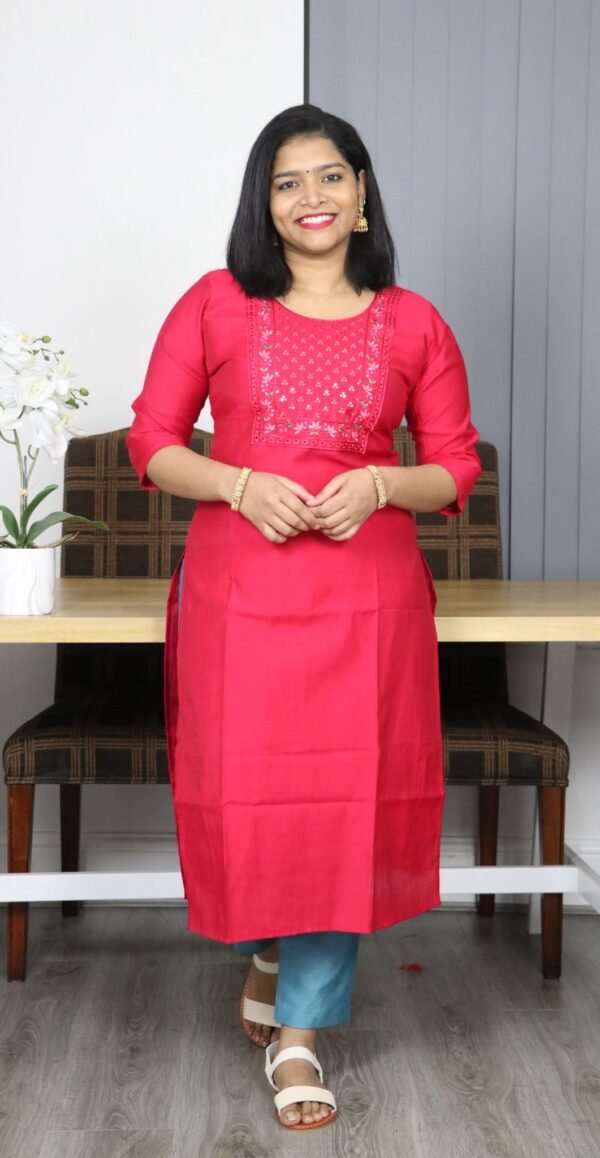 Pink straight-cut embroidered kurti with floral yoke – Indian ethnic wear for women, Kerala style