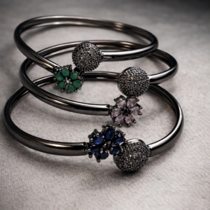 Black Oxidized Floral Stone Bangle Bracelet
