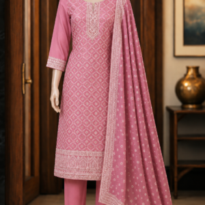 Elegant Pink Embroidered 3 Piece Salwar Suit Set