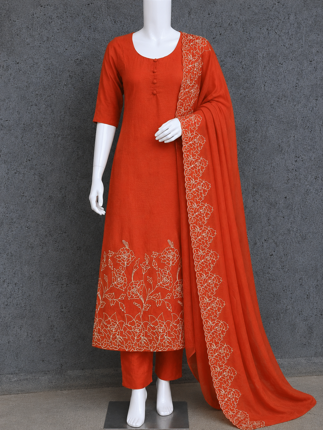 Elegant Orange Floral Embroidered Salwar Suit Set