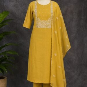 Mustard Yellow Embroidered Organza Meterial Salwar Suit Set – 3 Piece