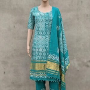 Teal Printed Cotton Blend Salwar Suit Set with Dupatta – 3 Piece Set